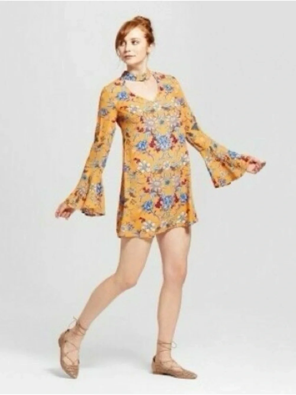 Xhilaration Yellow Floral Bell-Sleeve Mini Dress - Picture 1 of 3
